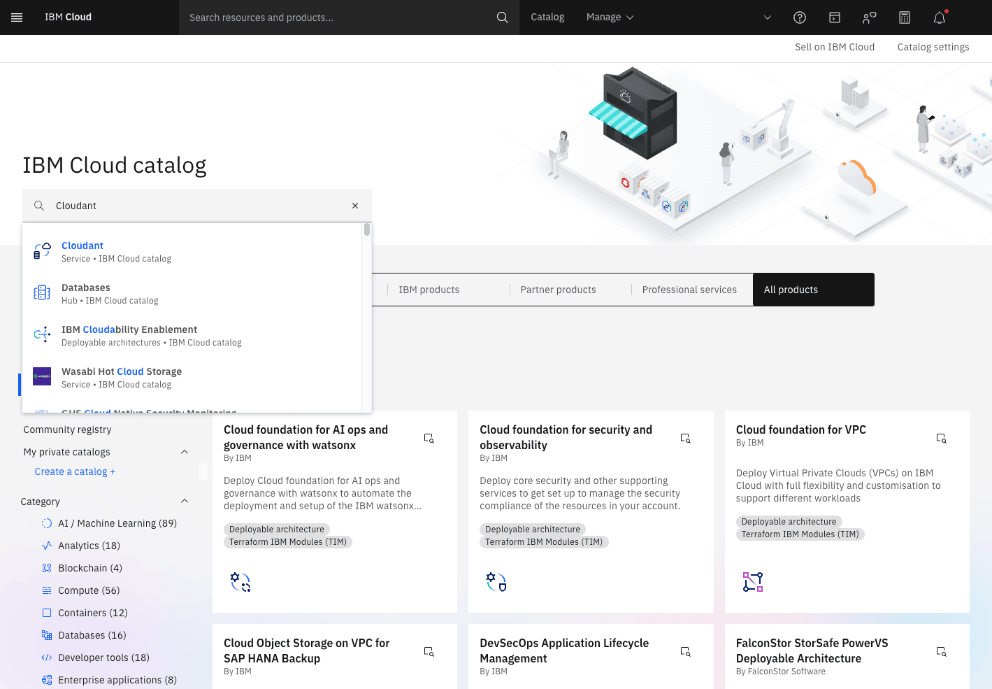 IBM Cloud catalog with “Cloudant” typed into the search box and Cloudant as the first suggestion