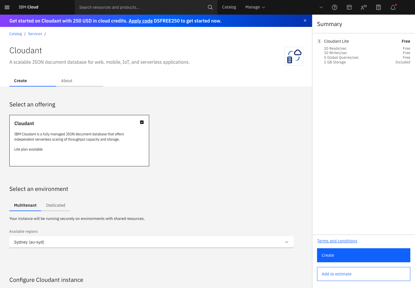 The Cloudant create page with the Multitenant tab selected and a region dropdown