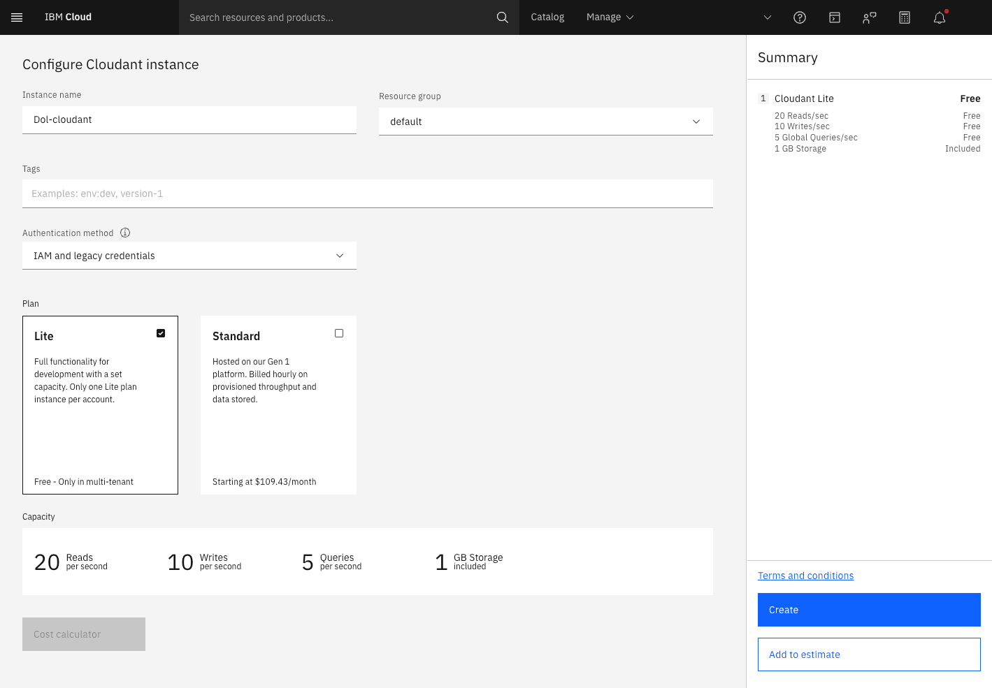 Configure Cloudant instance form showing the authentication method set to IAM and legacy credentials, and the Lite plan selected