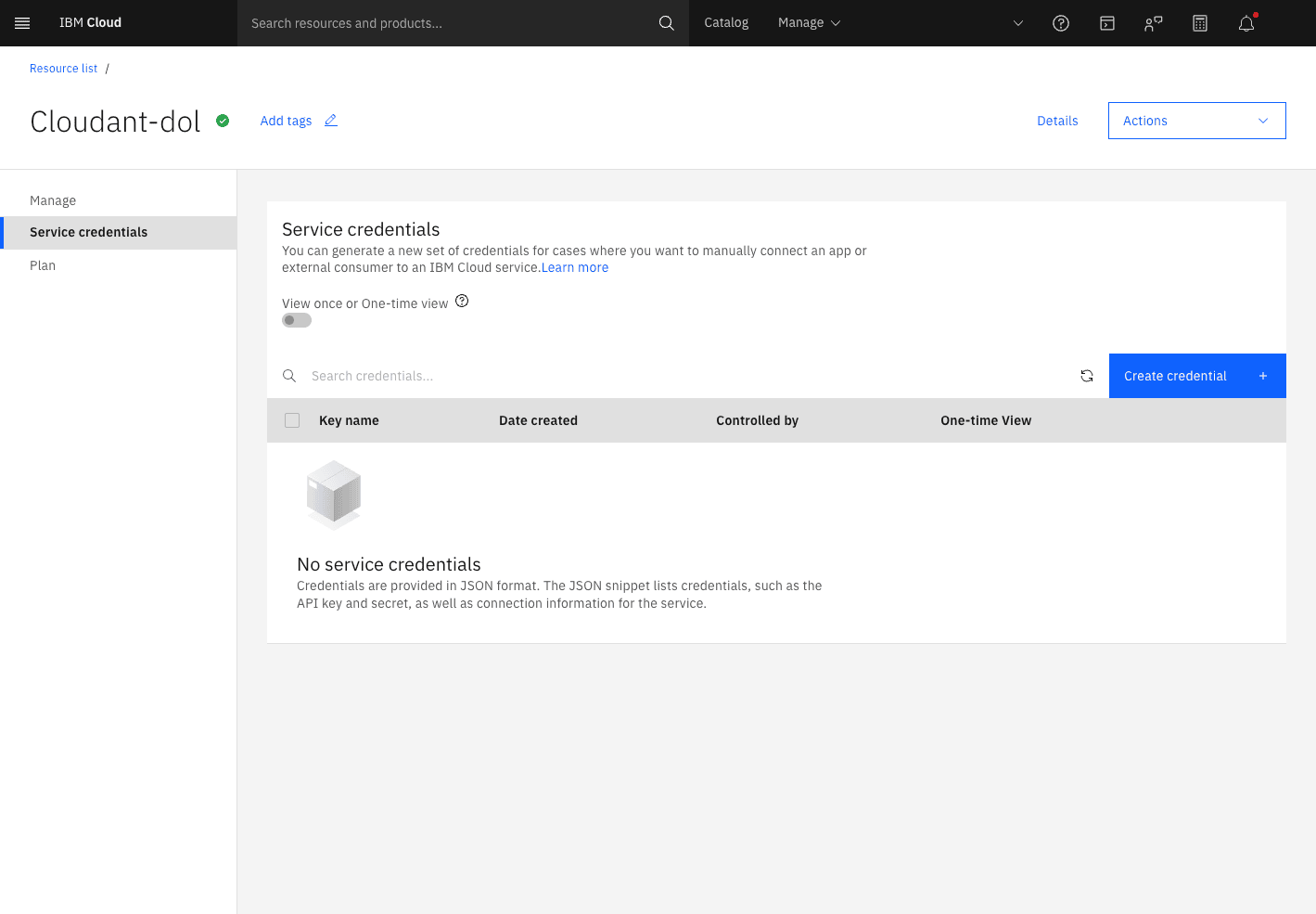 Empty Service credentials page with a Create credential button