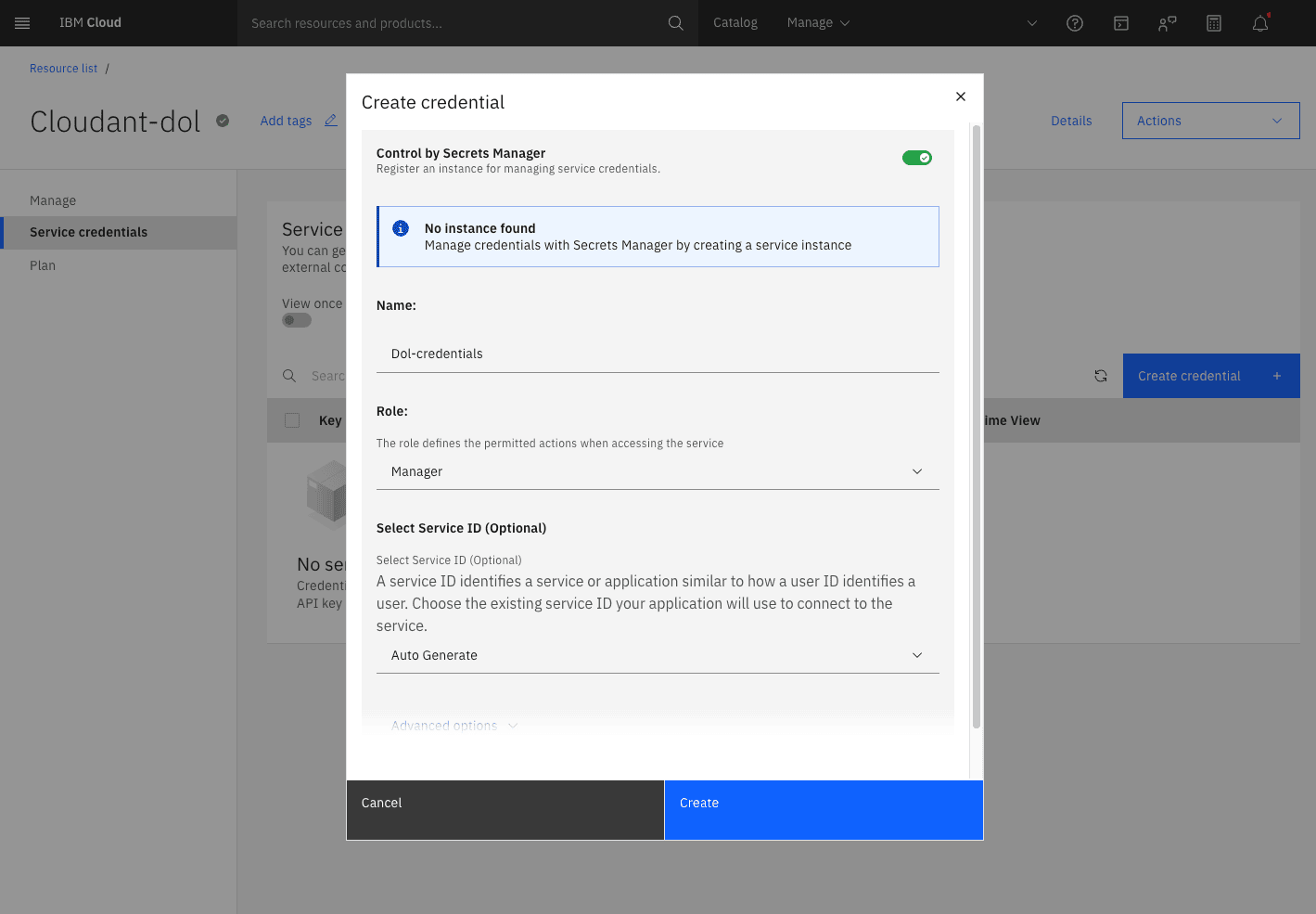Create credential dialog with the role set to Manager and Service ID on Auto Generate