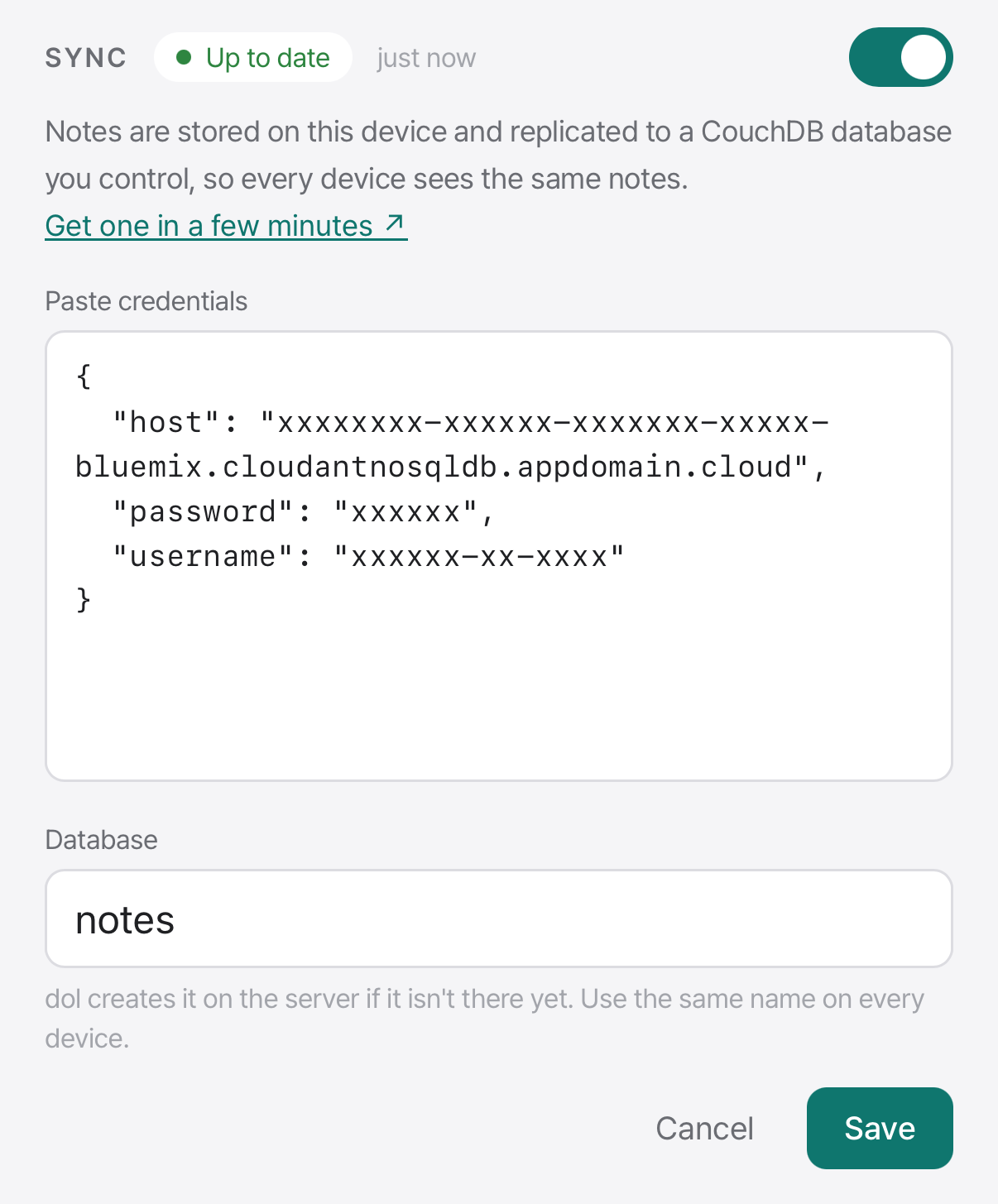 dol's Sync settings with the credential JSON pasted in and the database named notes
