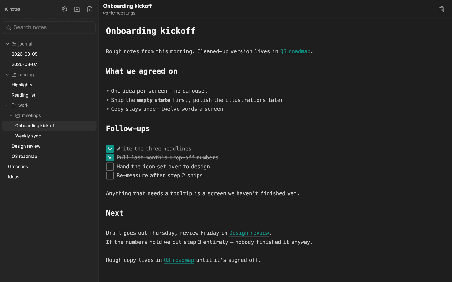 dol on the desktop: a folder tree on the left, and a note open beside it with headings, checkboxes and wikilinks rendered as you type.